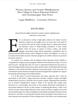Screenshot of front page of journal article in Literacy in Composition Studies article titled "Prisons, Literacy, and Creative Maladjustment: How Colege-in-Prison Educators Subvert and Circumnavigate State Power"